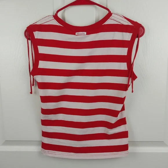 Abercrombie and Fitch Women's Medium Red and White Striped Sleeveless Tank Top - Picture 4 of 7